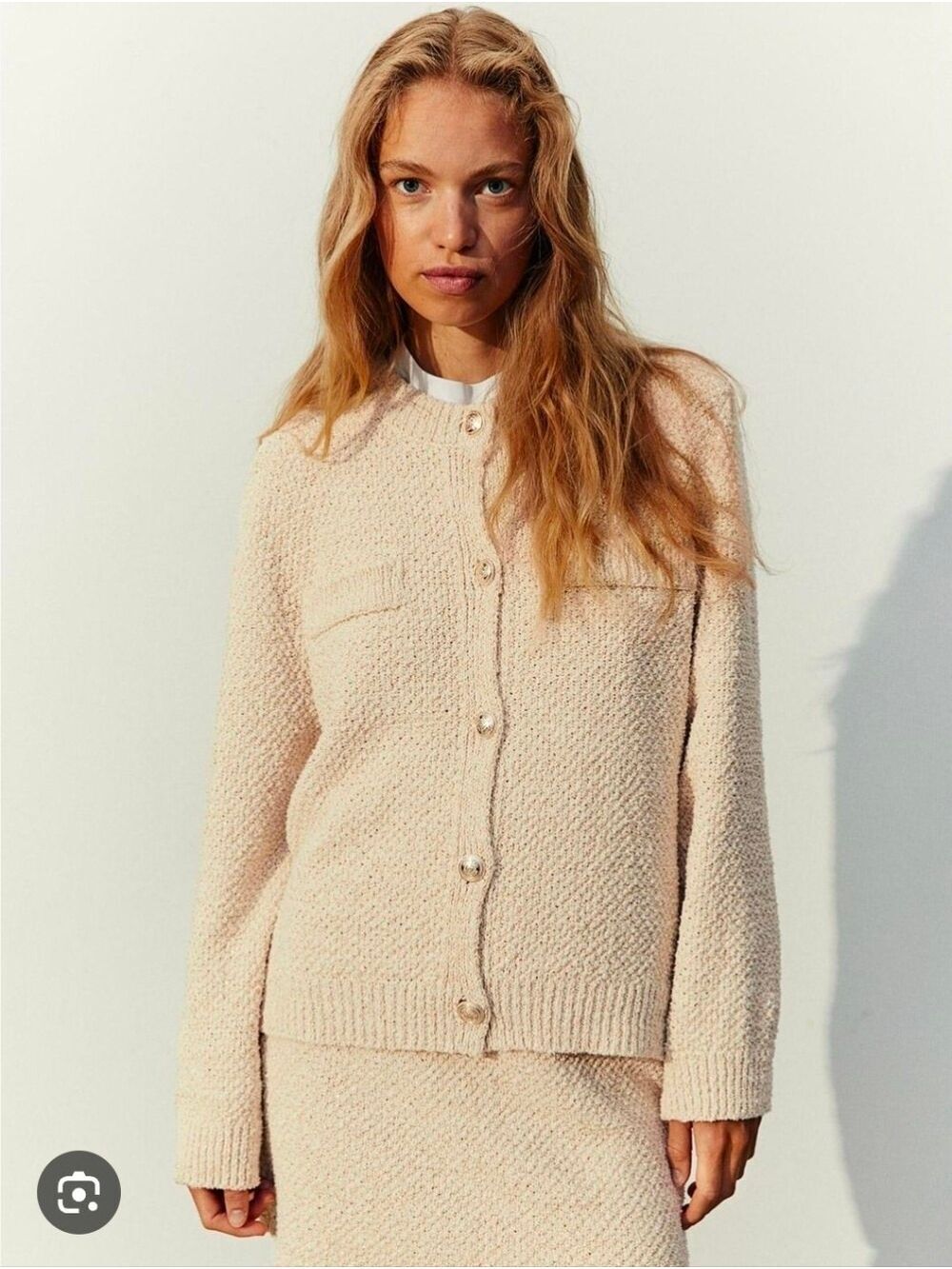 H&M Cream Bouclé Gold Button-Front Knit Jacket Size M